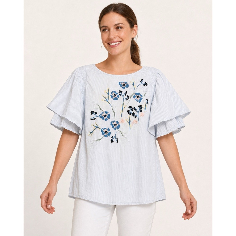 Kaari Blue Curvy 0X Plus Floral Embroidered Boho Top Flutter Sleeve Blue